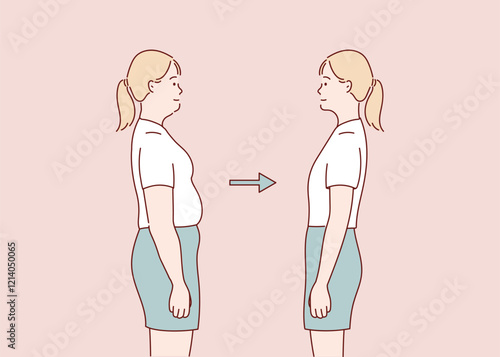 Girl character in good shape after diet. Hand drawn vector illustration