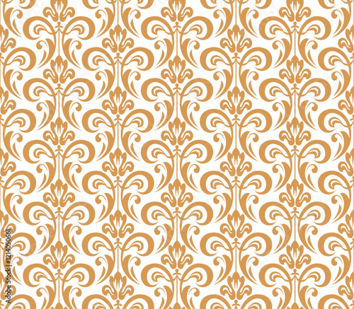 Wallpaper in the style of Baroque. Seamless vector background. White and golden floral ornament. Graphic pattern for fabric, wallpaper, packaging. Ornate Damask flower ornament