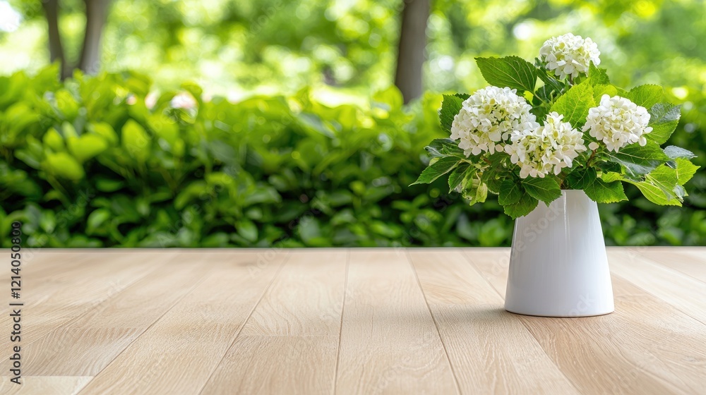 White hydrangeas in vase on wooden deck, lush green background, peaceful scene, ideal for home decor White hydrangeas in vase on wooden deck, lush green background, peaceful scene, ideal for home decor