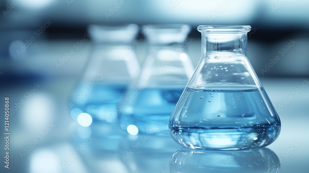 Laboratory equipment showcases clear blue liquid in glass flasks under bright ambient light Laboratory equipment showcases clear blue liquid in glass flasks under bright ambient light