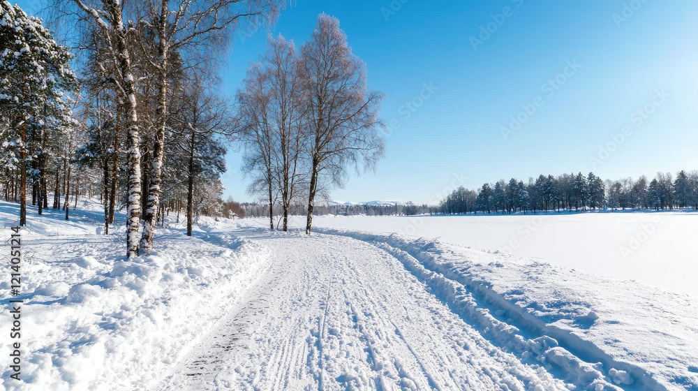 Winter trail by frozen lake, sunny day, snow-covered trees. Ideal for travel brochures Winter trail by frozen lake, sunny day, snow-covered trees. Ideal for travel brochures