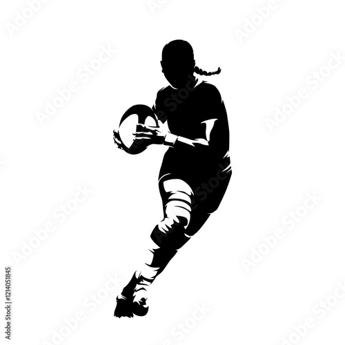 Rugby, woman running with ball, front view. Isolated vector silhouette, clipart. Team sports