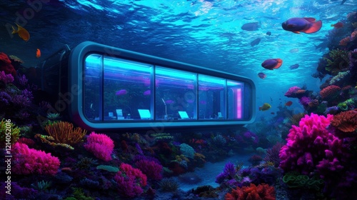 Fototapeta Naklejka Na Ścianę i Meble -  Futuristic underwater office vibrant coral reef workspace innovative design