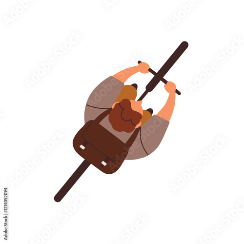 Man riding bicycle, top down view from above. Male cyclist, tourist with back...