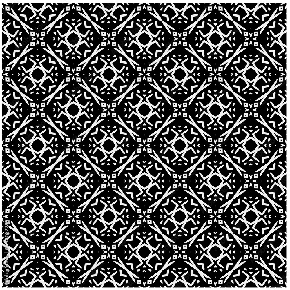 Naklejka premium Seamless pattern with repeating abstract shapes.Black and white texture.Design element for prints, decoration, cover, textile,wallpaper, background, wrapping paper, clothing, fabric, package, cards.
