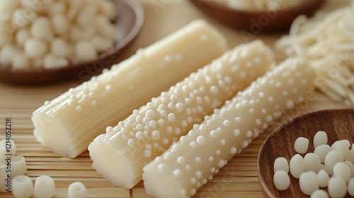 Shirataki noodles, textured, bamboo mat, close-up, healthy food photo