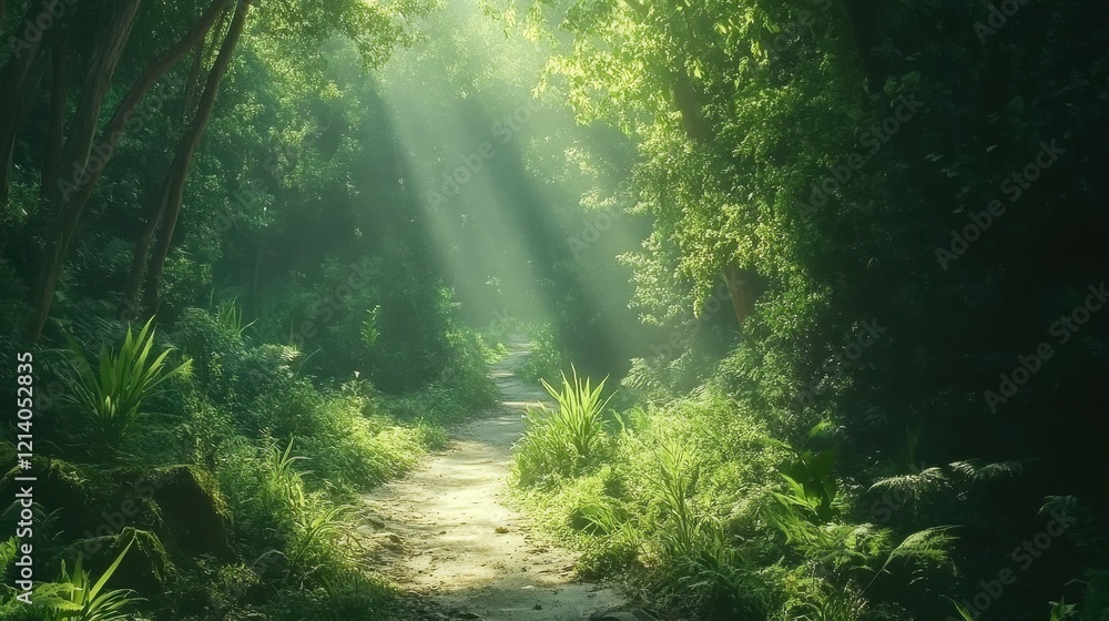Fototapeta premium Sunlit Path Through Lush Green Forest with Light Rays Shining Through Foliage.