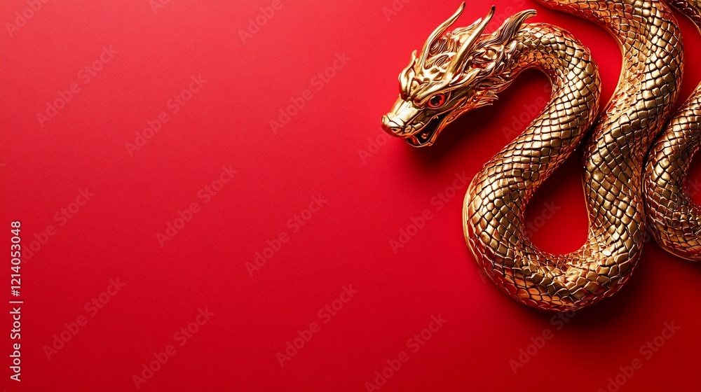 Obraz premium Golden dragon figurine on red background.