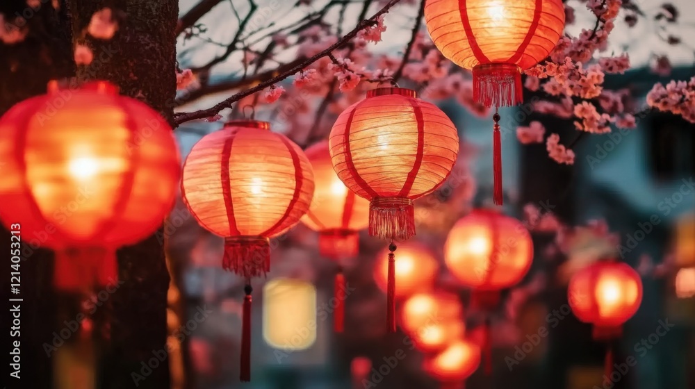 Glowing red Chinese lanterns set amidst a floral background. Perfect for web banners, illustrations, and postcard themes celebrating Chinese New Year festivities. Glowing red Chinese lanterns set amidst a floral background. Perfect for web banners, illustrations, and postcard themes celebrating Chinese New Year festivities.