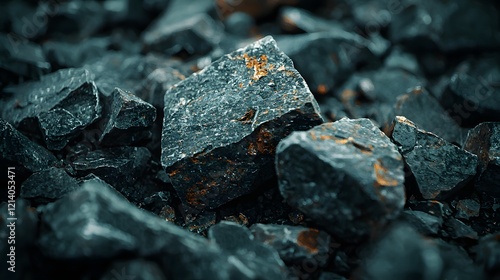 Rugged Dark Gray Stones and Pebbles in Closeup Detail Outdoor Natural Background with Rough Grungy Weathered Surface Texture photo