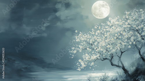 painting style illustration, full moon night shine over flower blossom tree with nature landscape