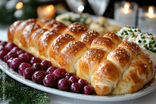 A plate of traditional Hanukkah foods, including challah bread, served on a festive table photo