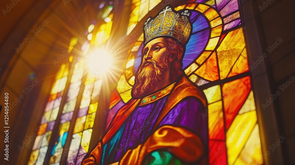 Fototapeta premium A church stained glass window depicting St. Ambrose, bathed in radiant light and bold, intricate colors
