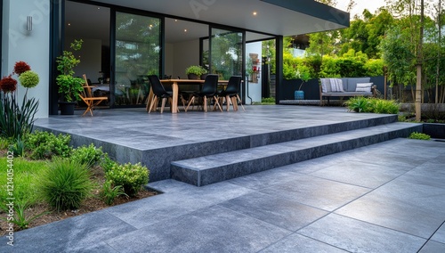 A modern, concrete patio with a polished finish in the backyard of a suburban home in Melbourne, Australia.