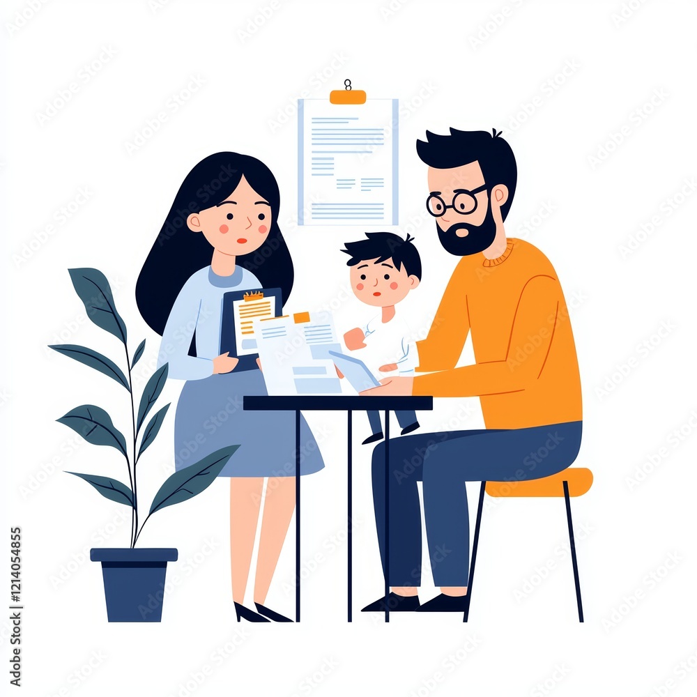 Financial Strain: Worried Family Surrounded by Unpaid Bills - Flat Design Illustration of Economic Hardship