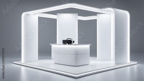 Obraz na płótnie Modern minimalist white exhibition booth with integrated LED lighting showcasing a virtual reality headset. w salonie