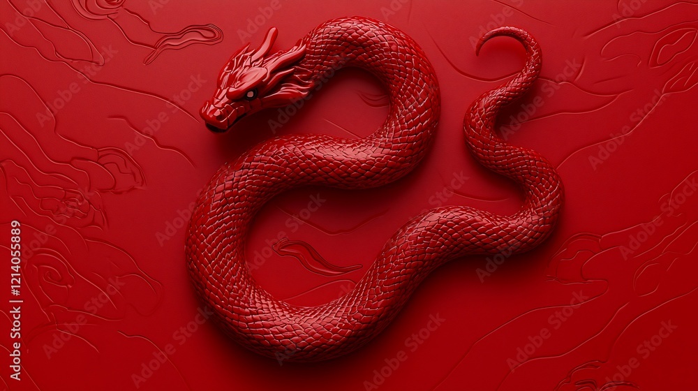Fototapeta premium Red dragon sculpture on red background.
