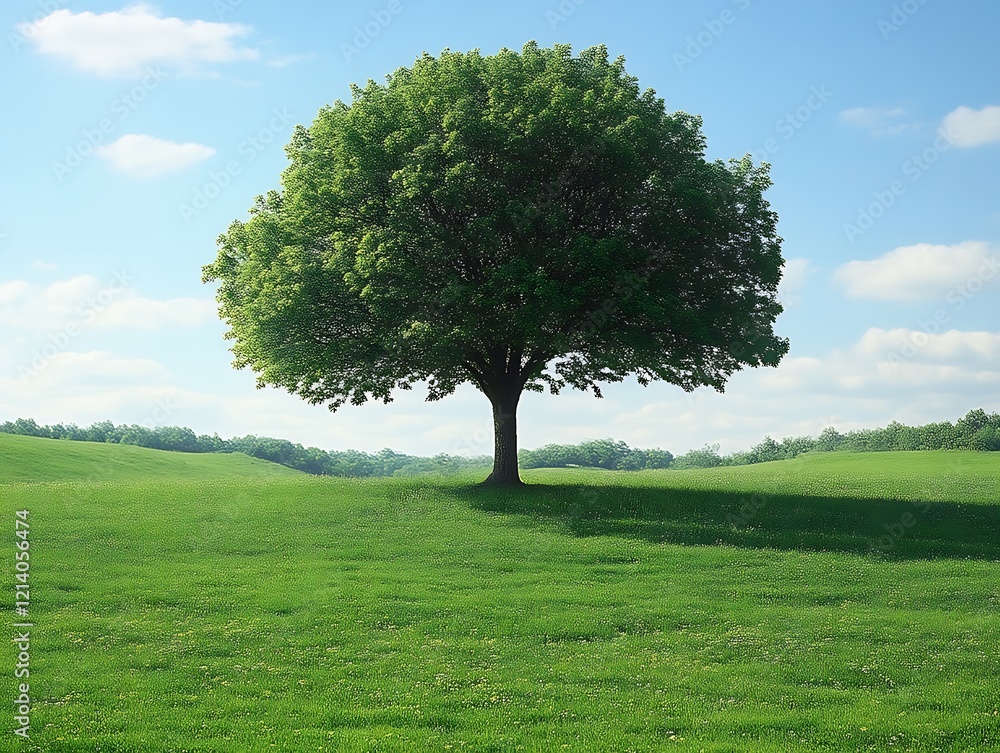 Solitary Green Tree in a Serene Meadow: Peaceful Pastoral Landscape Solitary Green Tree in a Serene Meadow: Peaceful Pastoral Landscape