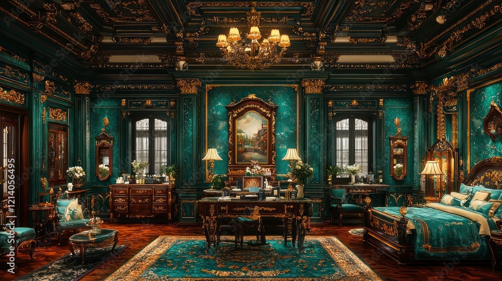 Obraz premium Opulent Teal and Gold Bedroom Interior with Glittering Accents