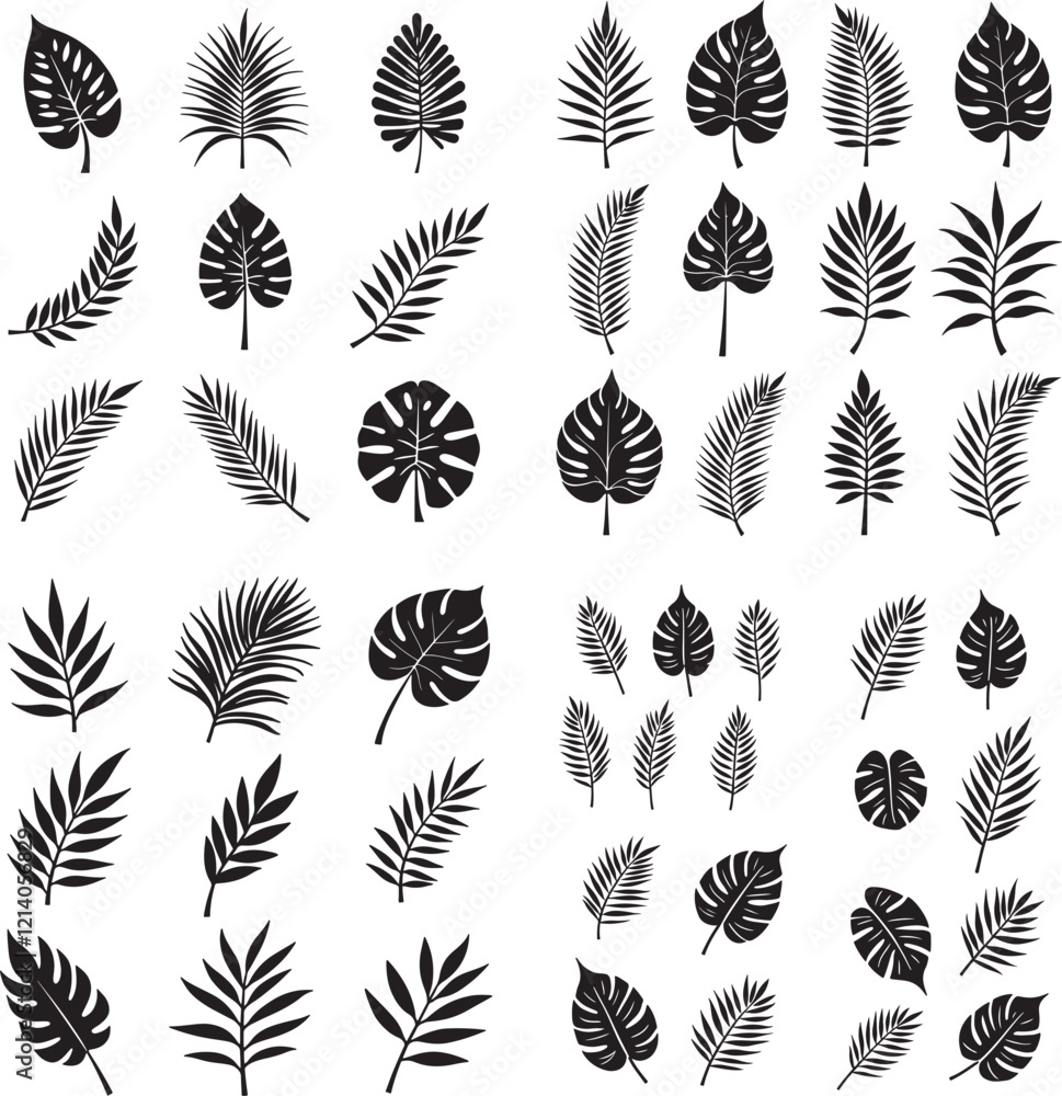 Fototapeta premium Silhouette set of ropical leaves, palm leaves, diverse collection, black shapes, design elements, leaf icon vector illustration with white background