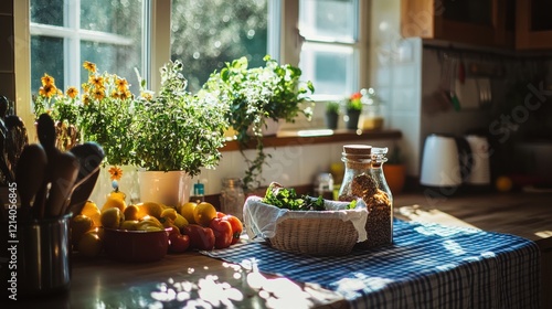 Bright kitchen scene with fresh produce, herbs, and a cozy atmosphere filled with sunlight photo