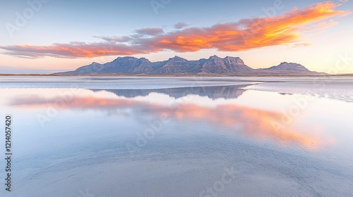 Wallpaper Mural Mountain range reflection on water surface at sunset with orange clouds and clear blue sky Torontodigital.ca