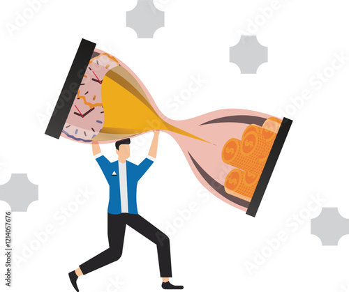 Time is money, saving money for long term investment, Growth Earning From Compound Interest, salary growth or wage increase, businessman hand holding hourglass with clock falling to money