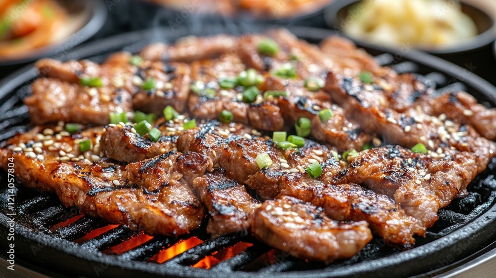 Sizzling Korean BBQ pork, table setting, restaurant Sizzling Korean BBQ pork, table setting, restaurant