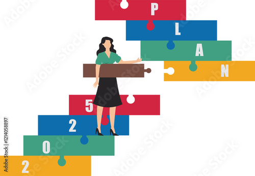 Businesswoman completes puzzle bridge towards 2025 target plan, 2025 plan, career target or economic forecast, new year resolution concept, achievement or plan for success, happy new year 2025