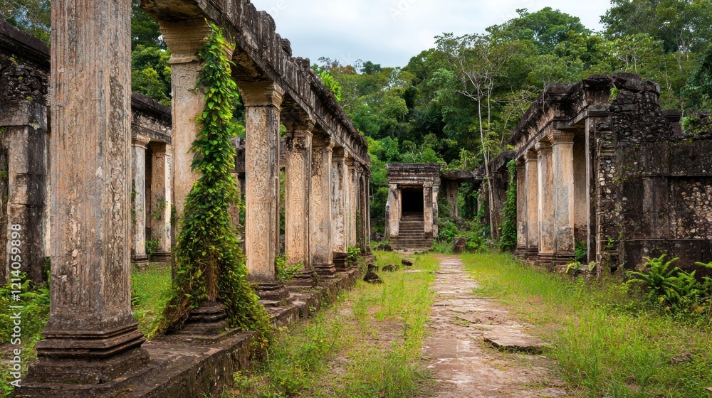 Ancient Ruins Pathway Overgrown with Lush Greenery Ancient Ruins Pathway Overgrown with Lush Greenery