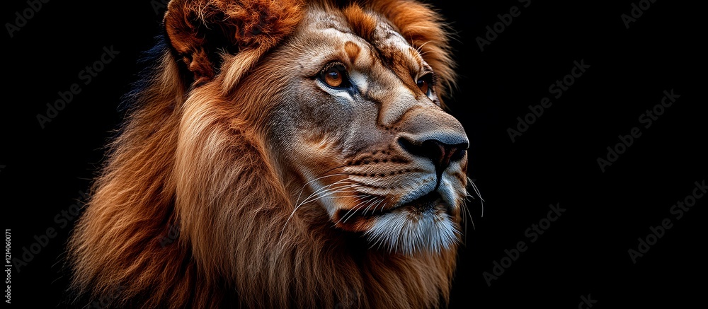 Fototapeta premium Majestic Lion Portrait: Dark Background, Warm Hues, Regal Mood