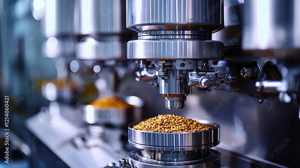 Close up of a professional coffee machine with golden beans ready for grinding in a factory Close up of a professional coffee machine with golden beans ready for grinding in a factory