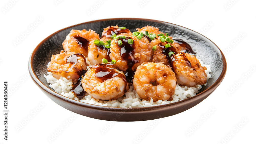 Tasty fried shrimp and fluffy rice served on a plate. Tasty fried shrimp and fluffy rice served on a plate.