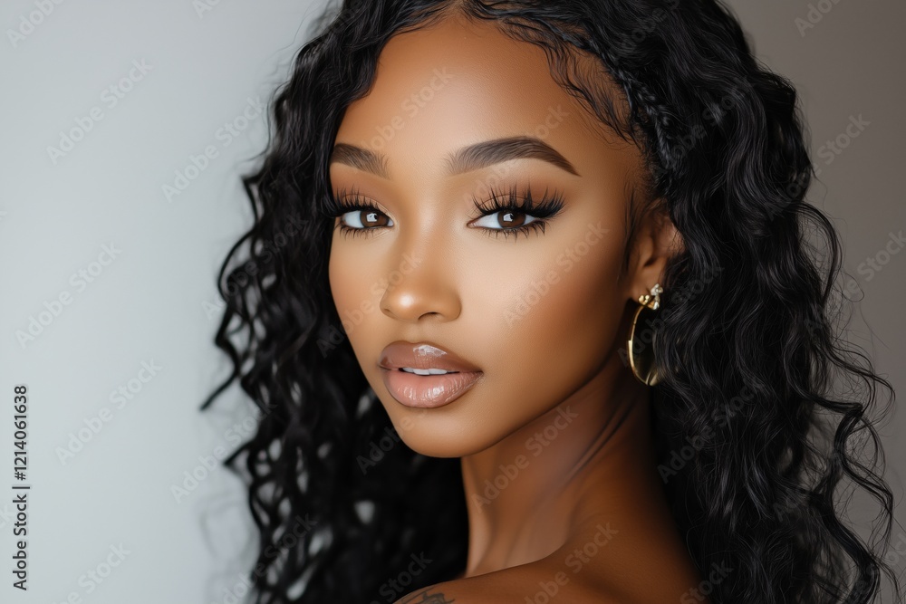 Naklejka premium Portrait of a woman with long, curly black hair and striking makeup. She has a natural glow, defined eyebrows, and wears hoop earrings. The background is softly blurred, emphasizing her features.
