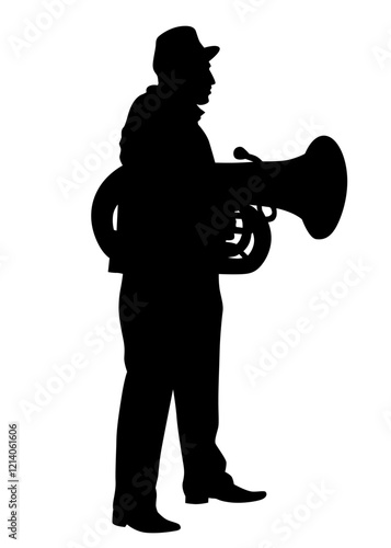 Military musicians in old uniforms with wind instruments on a white background