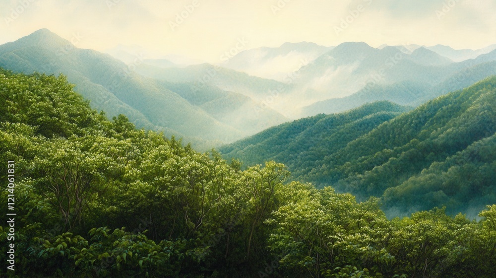 Naklejka premium Misty Mountain Range with Lush Green Forest and Atmospheric Haze, Oil Painting Style.