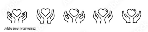 hands holding heart care icon set. minimalist line art vector for love, giving, and kindness, support