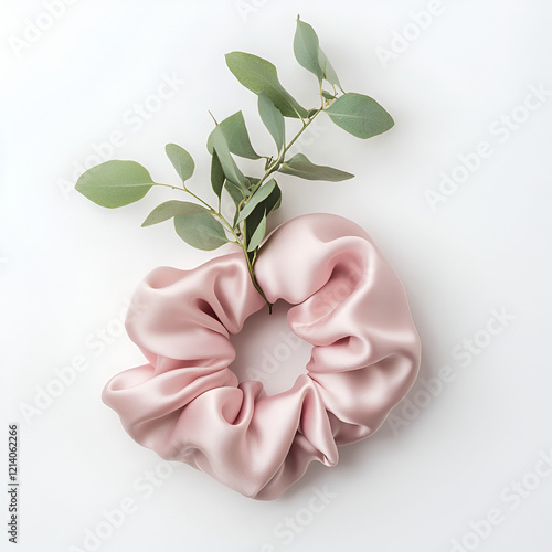 Delicate pink silk scrunchie adorned with a sprig of eucalyptus leaves.  Perfect accessory for elegant hairstyles. photo