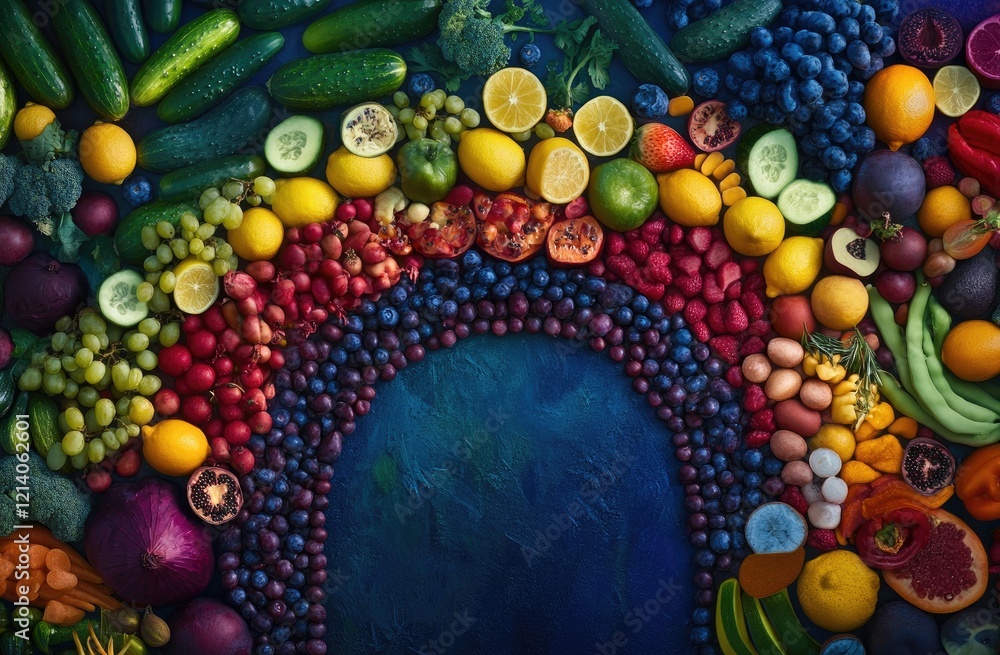 Fototapeta premium A rainbow of vegetables and fruits, all arranged in the order from red to yellow, green, blue, and purple