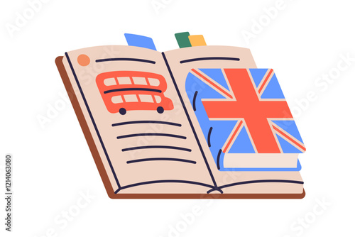 English language, study book. Open textbook, schoolbook, literature for education, British grammar learning, reading and vocabulary. Flat graphic vector illustration isolated on white background