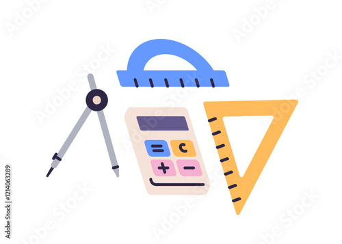 Math tools for geometry drawing, measurements. Compass, calculator, protractor, triangle ruler. Precise measuring items for mathematics education. Flat vector illustration isolated on white background