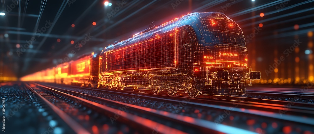 Obraz premium Futuristic digital train on tracks.