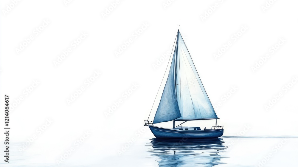 Fototapeta premium A peaceful digital drawing of a blue sailboat, gently sailing on calm seas with a clean white backdrop.