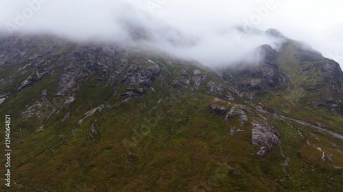 Aerial footage of the Glencoe mountain range in the Scottish Highlands, photo