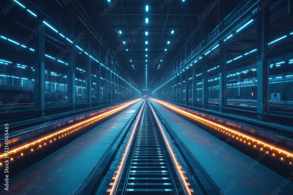 Modern warehouse with glowing conveyor belts Blue and orange light, wide angle and high resolution photography Modern warehouse with glowing conveyor belts Blue and orange light, wide angle and high resolution photography