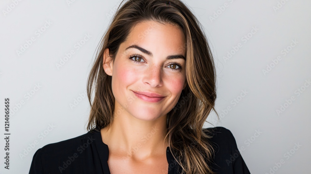 Portrait of a woman with brown hair and eyes against a plain white background wearing a black top Portrait of a woman with brown hair and eyes against a plain white background wearing a black top