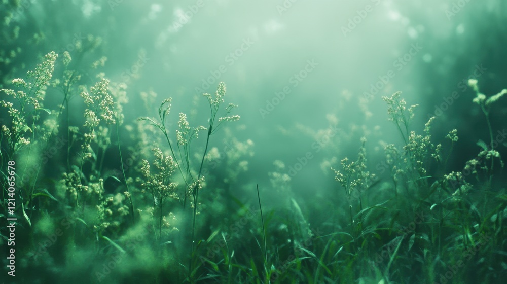 Fototapeta premium Dreamy Emerald Meadow Misty Floral Field with Soft Light.