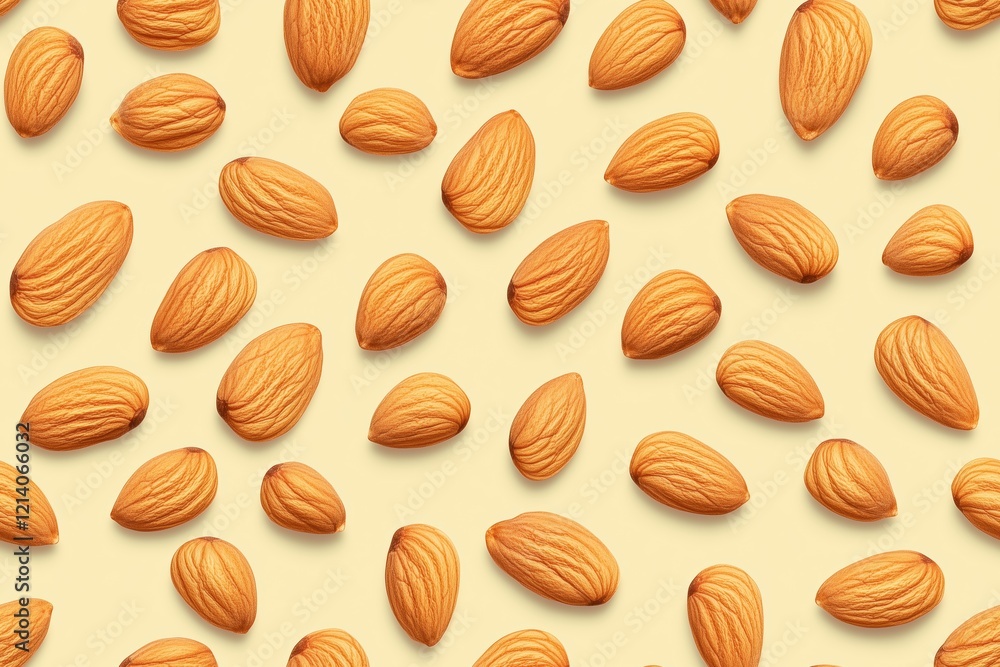 A flat lay of various almonds scattered on a light yellow background, showcasing their natural texture and color. A flat lay of various almonds scattered on a light yellow background, showcasing their natural texture and color.
