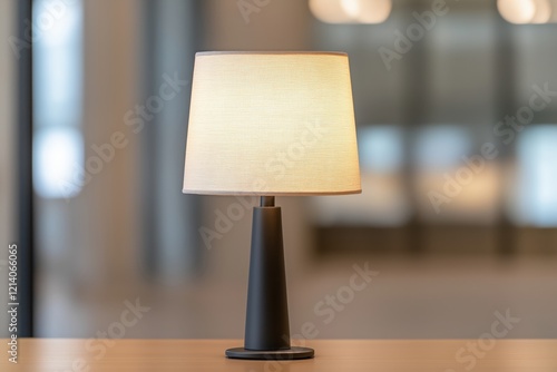 lamp on a wooden table in a hotel photo