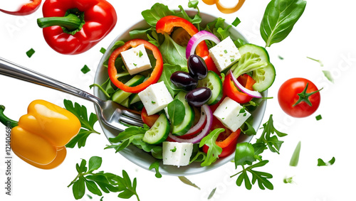Falling vegetables, fresh salad of bell pepper, tomato and lettuce leaves Transparent Background, PNG.